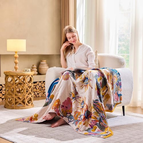 XIBLC Boho Throw Blanket, 100% Cotton Ultra Soft Luxury Throw Rustic Quilt, 50"x60" Floral Bird Butterfly Farmhouse Decor Bed Blankets, All Season Rustic Reversible Bohemian Throw for Bed - Yellow XIBLC