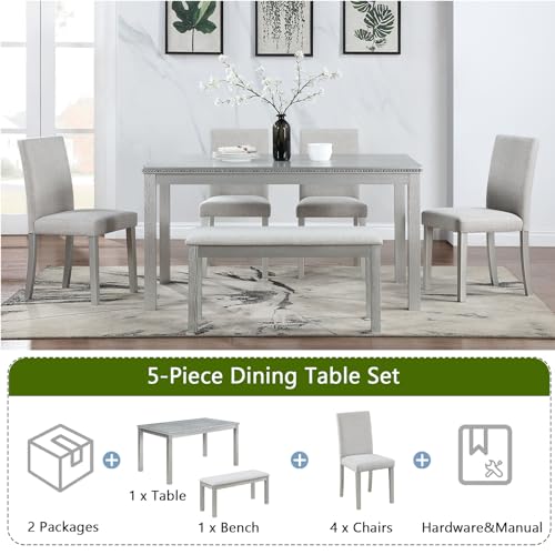 Ball & Cast 6 Piece Dining Table Set,Kitchen Table Set for 6 W/ 58.5" Rectangular Wooden Dining Table,Living Room Furniture W/ 4 Upholstered Chairs & 1 Bench,for Dining Room,Kitchen,Silver Grey Ball & Cast