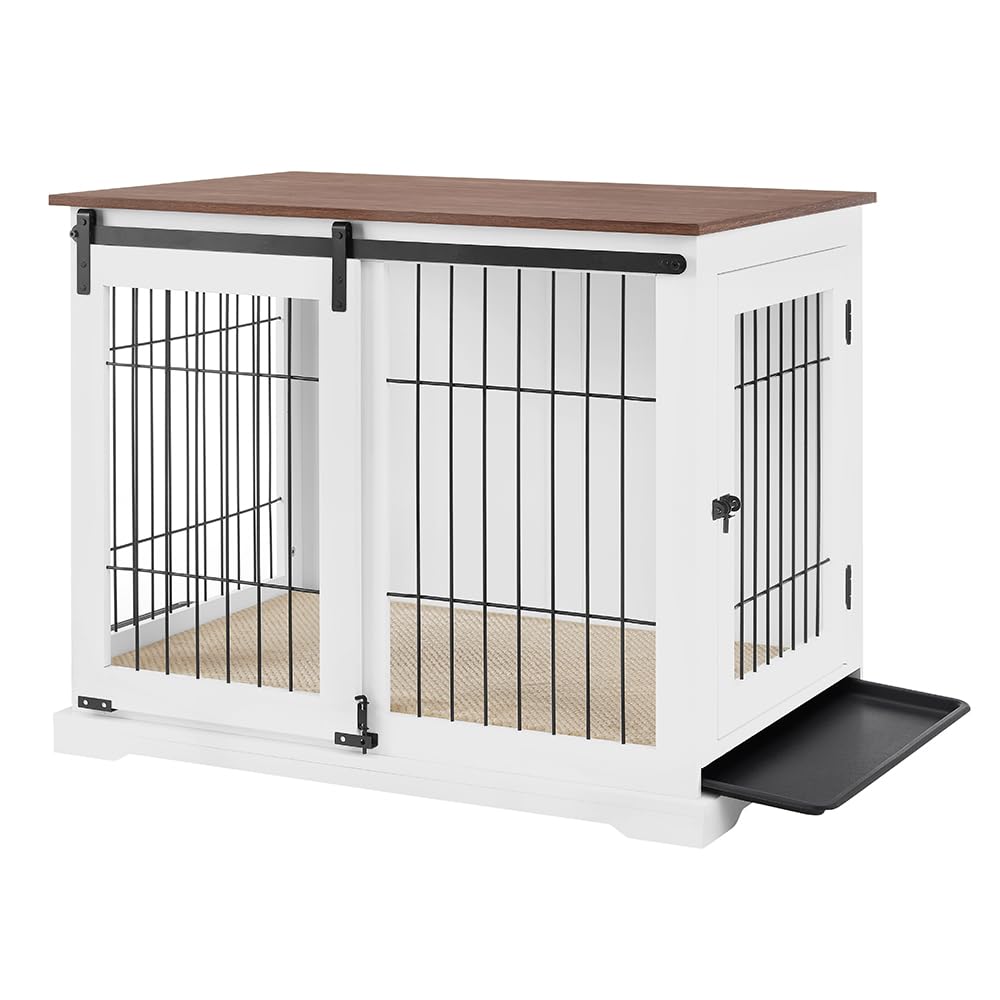 beeNbkks Dog Crate Furniture with Sliding Barn Door, Stylish Double Doors Wooden Kennel with Tray and Cushion, Decorative Indoor Pet House Side End Table for Medium Large Dogs beeNbkks