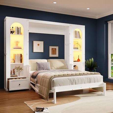 Merax Queen Size Murphy Platform Bed with Shelf, Side Cabinets, Drawers and LED, White Merax