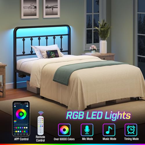 Rolanstar Twin Bed Frame, 14 Inch Metal Platform with Headboard, Charging Station & LED Lights, Under Bed Storage, Heavy Duty, No Box Spring Needed, Easy Assembly, Black Rolanstar