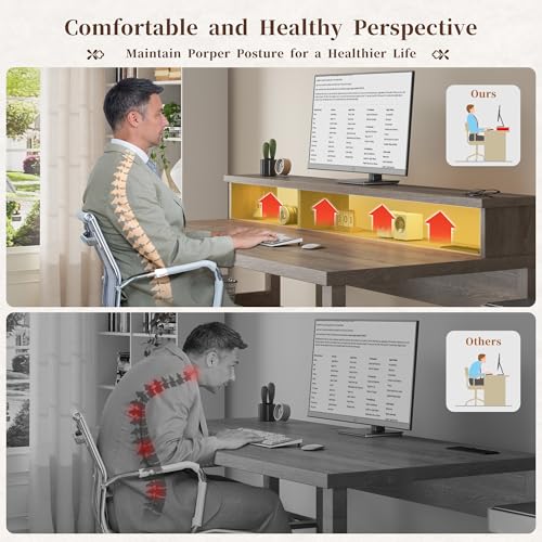 EnHomee 60.4" Computer Desk with Drawer & Power Outlet, Gaming Desk with LED Light, Office Desk with Monitor Stand, Farmhouse Study Desk, Work Desk for Home Office, Study Room, Bedroom, Ash Gray EnHomee