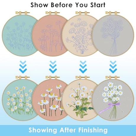 ERKOON 4 Set Embroidery Kit for Beginners, Cross Stitch Set Include Embroidery Cloth Hoops Threads for Craft Lover Hand Stitch with Embroidery Skill Techniques (Daisy) ERKOON
