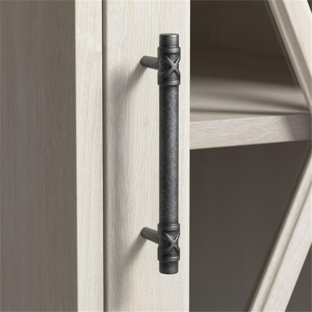 Bush Furniture Lennox Farmhouse Curio Cabinet with Glass Doors and Shelves in Linen White Oak | Tall 5 Shelf Display Case for Living Room or Home Office Bush Home