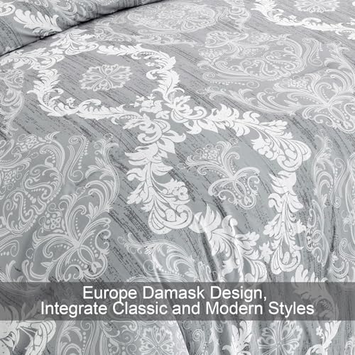 WONGS BEDDING Grey Comforter Set Queen Size, Damask Texture 7 Pieces Gray Bed in a Bag Microfiber Boho Comforter Bedding Sheet Set with Comforter, Flat Sheet, Fitted Sheet,Pillow Shams,Pillowcases WONGS BEDDING