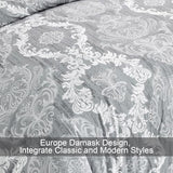 WONGS BEDDING Grey Comforter Set Queen Size, Damask Texture 7 Pieces Gray Bed in a Bag Microfiber Boho Comforter Bedding Sheet Set with Comforter, Flat Sheet, Fitted Sheet,Pillow Shams,Pillowcases WONGS BEDDING