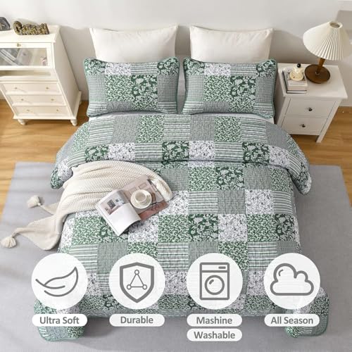 Mybedsoul Green Quilt Set Full Size, 3 Pieces Plaid Floral Bedspread Set Patchwork Reversible Bedding Set Microfiber Lightweight Bedspread Coverlet Set for All Season 78"x90" Mybedsoul