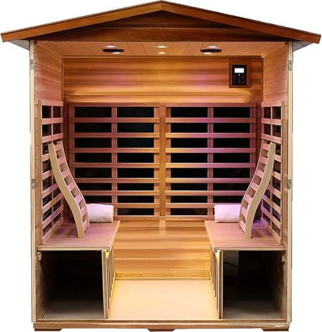 LTCCDSS Mahogany Outdoor Sauna 4 Person, Low EMF Far Infrared Sauna for Home, Withstand Outdoor Temp -10℉-149℉| 12 Low EMF Boards-Chromotherapy-Bluetooth Speakers (68.1 * 52.4 * 82.7 inch) LTCCDSS