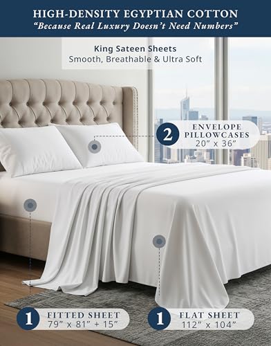 100% Egyptian Cotton Sheets King Size - Naturally Cooling & Breathable 4 Piece Silky Sateen Weave King Size Sheets Set, Ultra-Soft & Durable Hotel Luxury Sheets with 15" Snug Fit Deep Pockets - White LANE LINEN