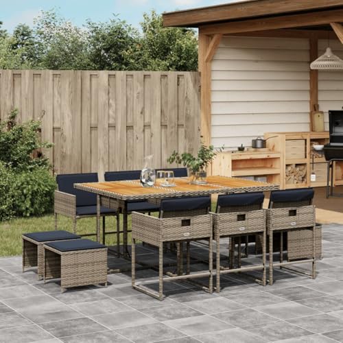 vidaXL 11-Piece Patio Dining Set - Poly Rattan Outdoor Furniture with Acacia Wood Table Top - includes Cushions - Foldable, Space-Saving Design for Garden/Patio/Backyard - WoodArtSupply