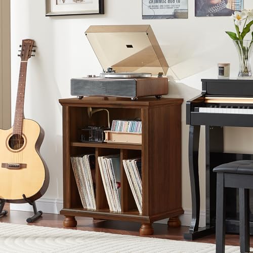 Joaxswe Record Player Stand with Vinyl Record Storage, 24" Wide Mid-Century Record Player Table Up to 200 Albums,Large Wood Turntable Stand Cabinet Dispaly Shelf for Living Room,Bedroom,Brown Joaxswe