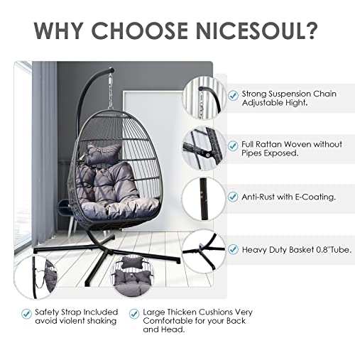 NICESOUL® Egg Chair Indoor Outdoor Patio Wicker Hanging Egg Chair Swing Egg Basket Chairs with Stand UV Resistant Cushions 350lbs Capacity for Outside Backyard Balcony Xmas Gift