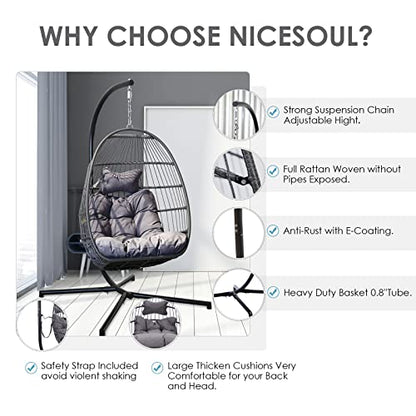 NICESOUL® Egg Chair Indoor Outdoor Patio Wicker Hanging Egg Chair Swing Egg Basket Chairs with Stand UV Resistant Cushions 350lbs Capacity for Outside Backyard Balcony Xmas Gift