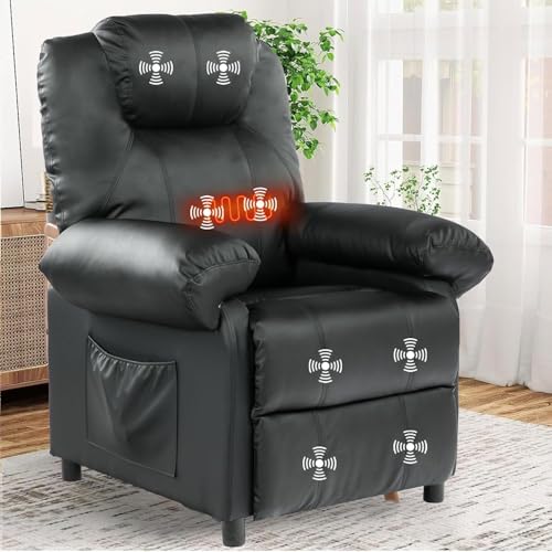 KCREAM Faux Leather Recliner Chair with Massage and Heat, Mid Century Overstuffed Manual Reclining Chair, Massaging Push Back Recliner Chair Single Sofa for Living Room, Black