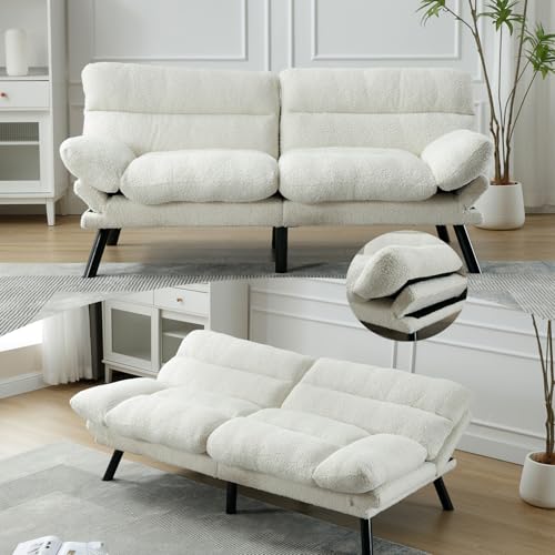 Klwenas Maec White Convertible Futon Sofa Bed, Memory Foam Foldable Couch, Teddy Loveseat Sleeper Daybed with Adjustable Armrests for Small Space, Bedroom, Office, Apartment, Living Room (White) Klwenas Maec