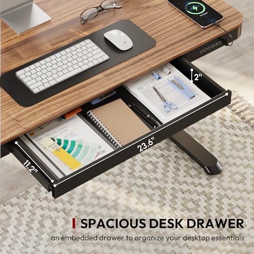 SANODESK Standing Desk with Drawer, Electric Height Adjustable Home Office Desk with Storage & USB Ports, 48 inch Black Walnut Wood Tabletop/Black Frame SANODESK