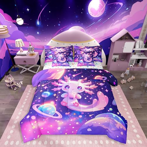 Feelyou Kids Cute Axolotl Comforter Set with Sheets Twin Size, Galaxy Planet Space 7 Pieces Bedding Set Boys Girls Cartoon Animal Bed in A Bag Dreamy Starry Teens Bed Set Bedroom Decor 7Pcs Feelyou