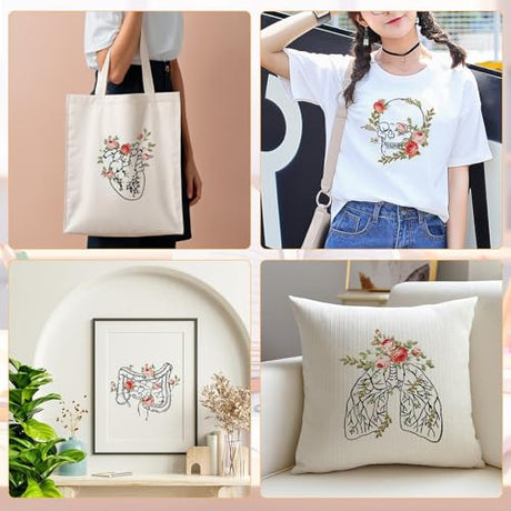 5 Sets Skull Embroidery Kits for Beginners Adults, Anatomy Embroidery Starter Kit for Doctors Nurses Christmas Gifts with Floral Stamped Pattern DIY Needlepoint Kit Cross Stitch Set Includes 2 Hoops CMINAUS