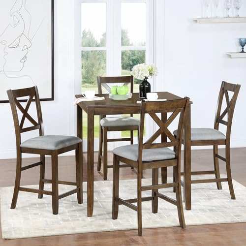 KEIKI 5-Piece Counter Height Dining Table Set with Square Table and 4 Upholstered X-Shaped Backrset Chair, for 4 Person, Modern Style Wooden Table Set, Easy Assembly, for Kitchen, Dining Room, Walnut KEIKI