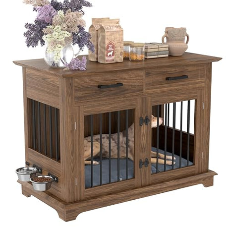 Merax 44.48" Large Dog Crate Furniture with Rotating Dog Bowls, Wooden Dog Kennel Furniture as End Table with 2 Storage Drawers, Decorative Pet Cage Indoor Dog House for Medium Dogs, Brown Merax