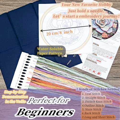FONNUY Succulents Embroidery Kit for Beginners, Stamped Embroidery Patterns Kits for Adults with Hoop, Easy to Follow Color Thread Needlework, 8'' Hoop (Chubby Leaves)