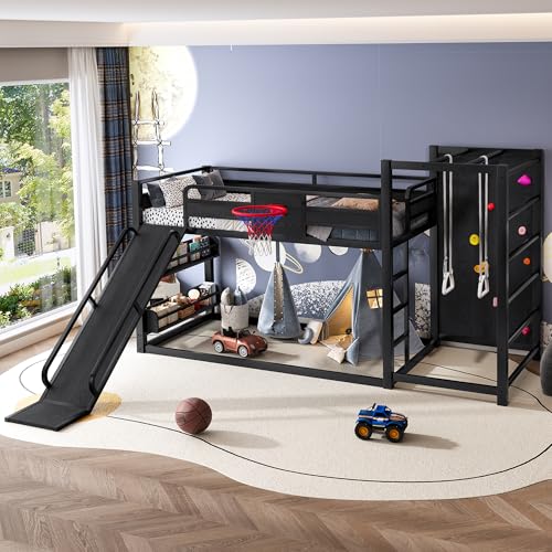SOFTSEA Twin Size Gaming Loft Bed with Slide, Heavy Duty Metal Loft Bed with Basketball Hoop, Climbing Wall & Pull Up Rings for Kids Teens Adults, No Noise, Black SOFTSEA