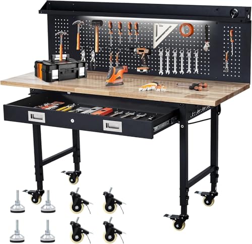 60-Inch Garage Workbench with Wheels, Adjustable Rubber Wood Top Garage Workbench with Pegboard & Drawer & Power Outlet, 2000 lbs Load Capacity, for Workshop, Woodworking, Office WARMTOBABY