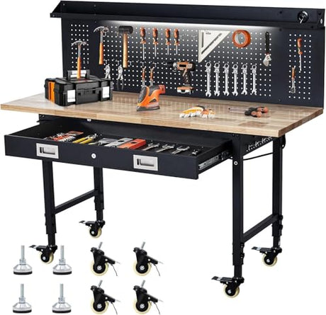 60-Inch Garage Workbench with Wheels, Adjustable Rubber Wood Top Garage Workbench with Pegboard & Drawer & Power Outlet, 2000 lbs Load Capacity, for Workshop, Woodworking, Office WARMTOBABY