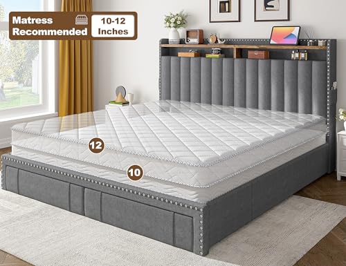 EnHomee King Size Bed Frame, Upholstered King Bed Frame with 4 Storage Drawers & 2-Tier Headboard Shelves, 1200LBS Heavy Duty, No Box Spring Needed, Easy Assembly, Grey EnHomee