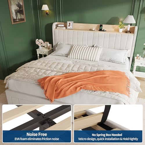 GarveeHome King Size Bed Frame with Storage Headboard, Upholstered Platform Beds with Drawers, Charging Station, Noise-Free, No Box Spring Needed, Easy Assembly, Beige GarveeHome