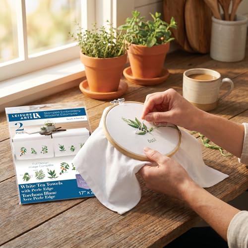 LEISURE ARTS Stamped Tea Towel with Perle Edge, Herb Garden, 2 Pack, 17x28 Inch, Percale Stamped Embroidery Fabric, DMC Anchor Coats Floss Guide