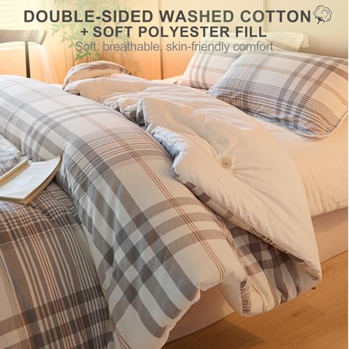 hadamick 100% Cotton Comforter Set Twin Size – Reversible Yarn-Dyed Checkered Design, Soft Washed Cotton on Both Sides, Lightweight All-Season Bedding, Machine Washable(Grey White Plaid, 68”x90”) hadamick