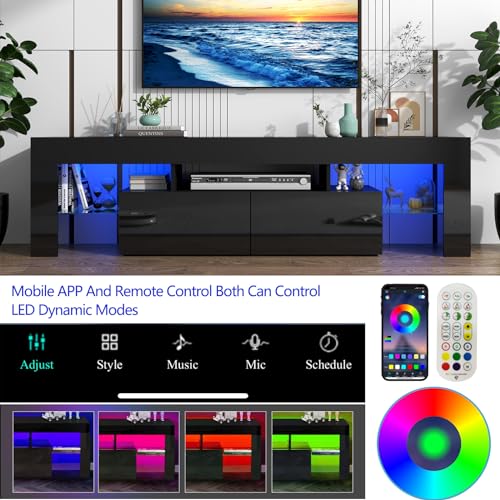 Vinctik 6&Fox 70in LED TV Stand for 75/80/85 inch TV,Modern Black TV Stands for Living Room,High Gloss TV Entertainment Center with 2 Large Storage Drawer,APP RGB Light,TV Console(71in Black) - WoodArtSupply