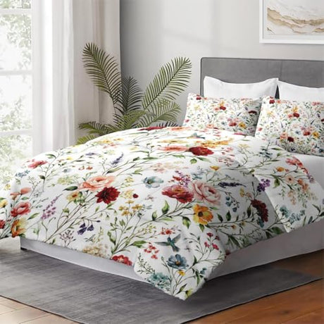 WeCozy Queen Size Comforter Set with 2 Pillowcases, Wildflower Flower Floral 3 Pcs Bedding for Kids and Adults, Boho Watercolor Butterfly Soft Comforter Set for Bedroom Bed Decor WeCozy