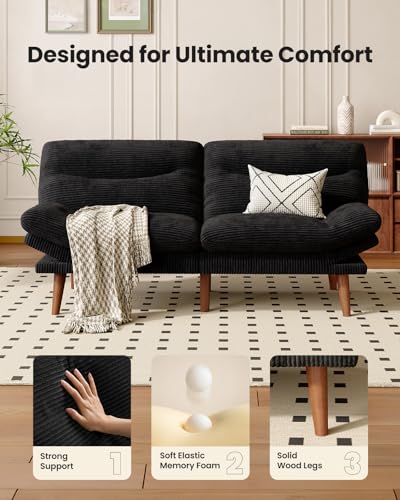 Amada 66" Convertible Futon Sofa Bed, Corduroy Folding Futon Set with Adjustable Backrest &Armrests, Recliner Lounge for Living Room, Apartment or Office, Solid Wood Frame, Loveseat Sofa - Black AMADA HOMEFURNISHING