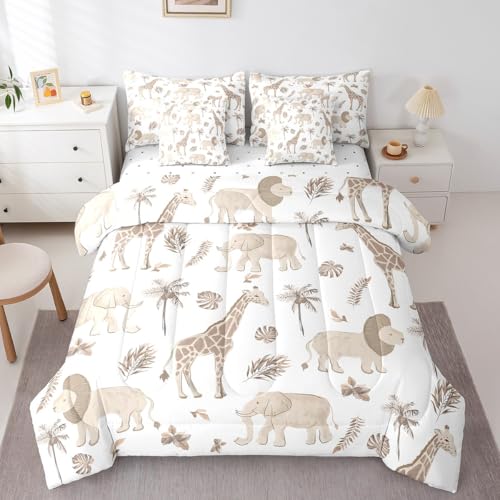 Feelyou Kids Jungle Animals Comforter Set Twin Size Elephant Lion Giraffe Bedding Sets Boys Teens African Safari Animal Bed in a Bag with 2 Pillowcases,Brown Feelyou