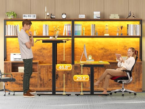 SEDETA 56.7" L Shaped Standing Desk, Reversible Computer Office Desk with Drawers & Hutch, Stand Up Corner Gaming Desks with LED Lights & Power Outlets for Home Office, Rustic Brown SEDETA