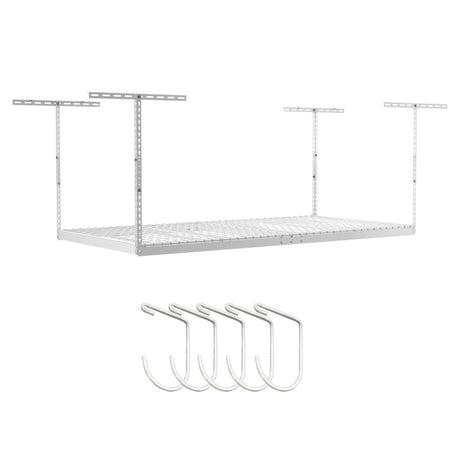 SafeRacks 4 ft x 8 ft Overhead Storage Rack Adjustable 24 in - 45in Height (White) With Accessory Pack With 5-Piece Hook Accessory Pack SafeRacks