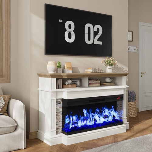 QUW Fireplace TV Stand for TVs up to 65", Farmhouse 52" Fireplace Entertainment Center with 36" 3-Side Glass Electric Fireplace, TV Console with Open Storage Shelves for Living Room, Antique White QUW