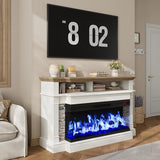QUW Fireplace TV Stand for TVs up to 65", Farmhouse 52" Fireplace Entertainment Center with 36" 3-Side Glass Electric Fireplace, TV Console with Open Storage Shelves for Living Room, Antique White QUW