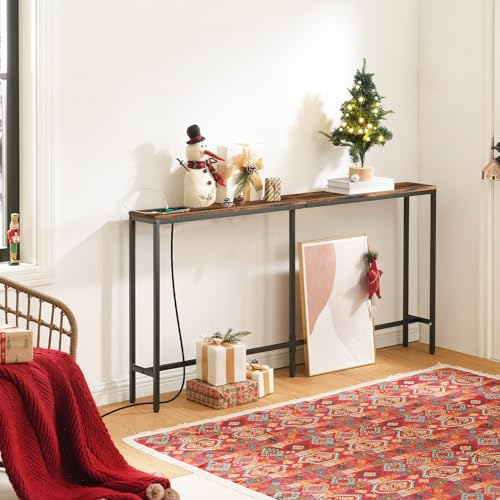 MAHANCRIS 63" Console Table with Power Outlet, Narrow Sofa Table, Industrial Entryway Table with USB Ports, Behind Couch for Entryway, Hallway, Foyer, Living Room, Bedroom, Rustic Brown CTHR16E01Z MAHANCRIS
