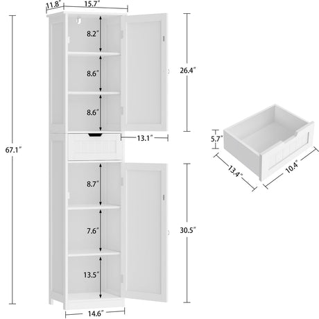 Iwell Tall Bathroom Cabinet, Storage Cabinet with 2 Doors & 1 Drawer, Freestanding Linen Cabinet with Adjustable Shelves, Floor Cabinet for Bathroom, Living Room, Home Office, White Iwell