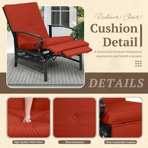 Oakcloud Adjustable Outdoor Lounge Chair Metal Patio Relaxing Recliner Chair with Removable Cushions(Red)