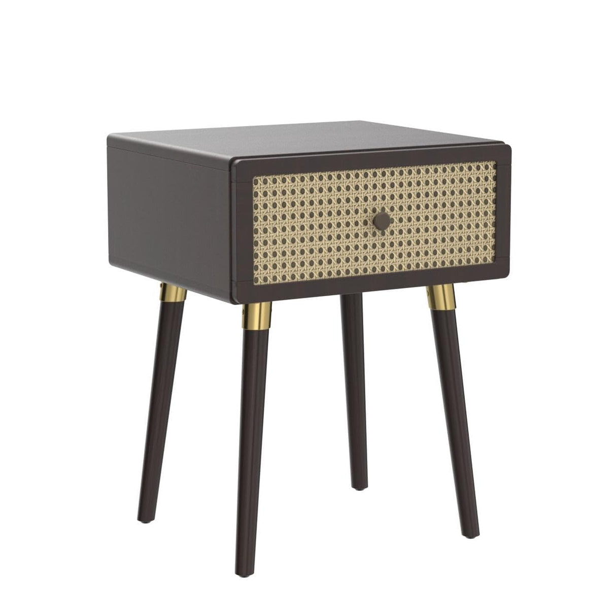 Bme Nipe Solid Wood and Rattan Boho Nightstand with Drawer, Walnut Finish Bme