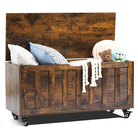 Storage Chest, 39.4'' Wooden Storage Bench with 4 Wheels & 2 Safety Hinges, Retro Box Support 300 lbs for Bedroom, Living Room, Easy Assembly, Rustic Brown HYZ