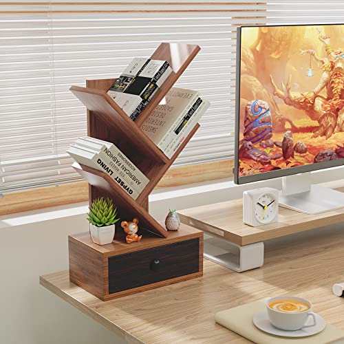 Tangkula 5-Tier Tree Bookshelf with Drawer - Space-Saving Wood Bookcase for Home Office and Dorm - WoodArtSupply