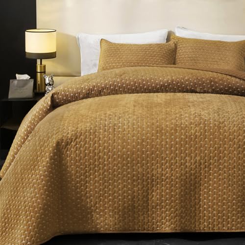 Powdion Velvet Quilt King Size,Bedspread Quilted Bedding Set,Luxurious Soft Coverlet Set Lightweight Velvet Comforter with Pillow Shams Brown, 96x106 Cross Stitch Striped Quilt Set Powdion