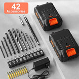 Cordless Drill, 20V Power Drill, Double 2000mAh Batteries Electric Drill, Cordless Drill with Battery and Charger, 3/8" Keyless Chuck Battery Drill with 25+1 Max 370 In-lb Torque, 42Pcs Drill Bits VIWKO