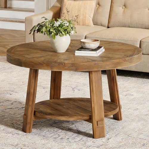 LITTLE TREE Solid Wood Coffee Table with Storage, 2-Tier Farmhouse Round Coffee Table for Living Room, Easy Assembly (Rustic Wood Color) LITTLE TREE