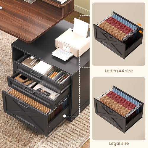 SEDETA Farmhouse Electric Standing Desk, 55" Height Adjustable Computer Desk with 3 Drawers, File Cabinet, Storage Shelves, Power Outlets, Wood Home Office Desk for Work, Study, Writing, Black SEDETA